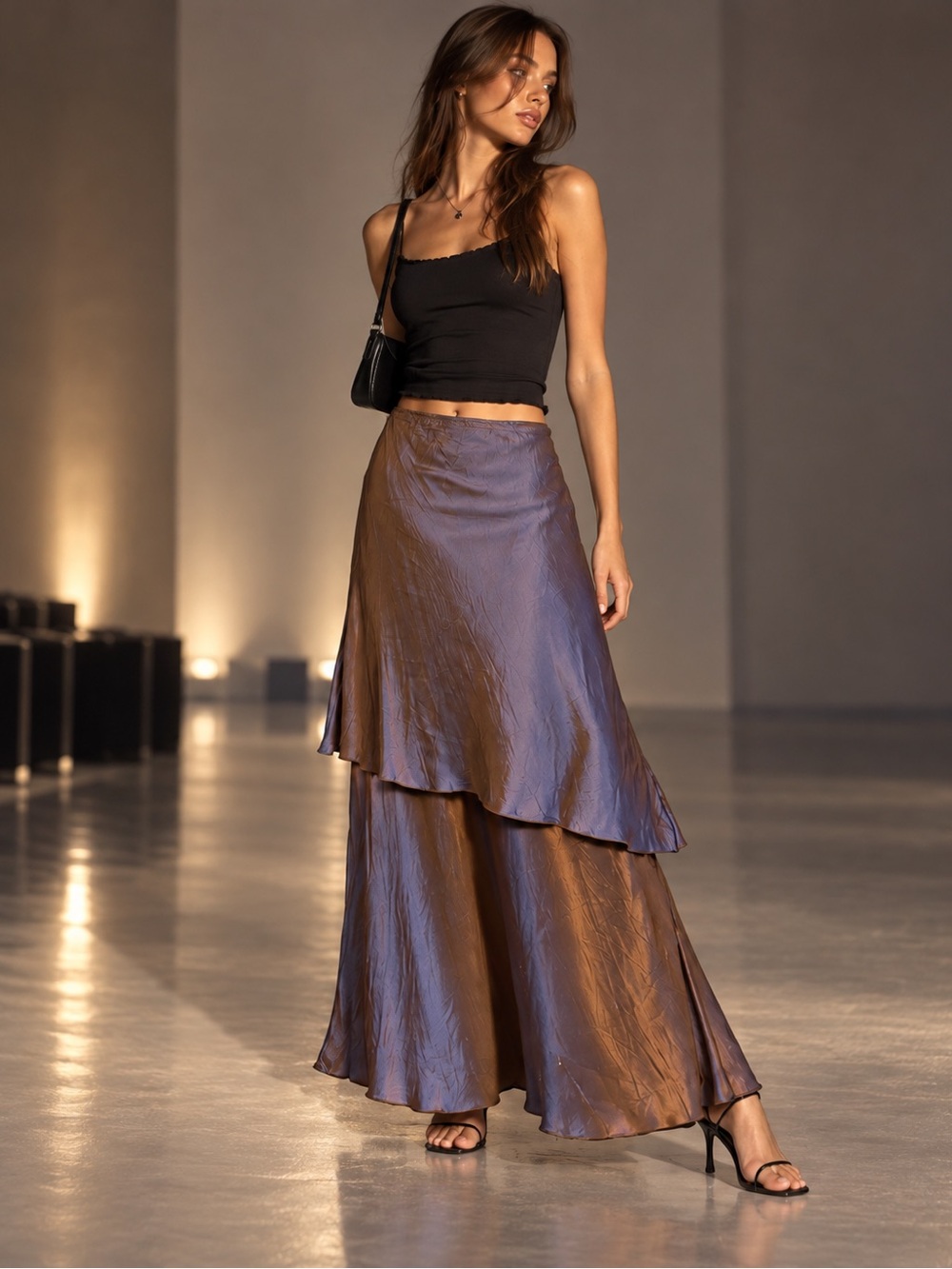 Vintage Metallic Iridescent Layered Maxi Skirt Asymmetrical Y2K Bronze Taupe
